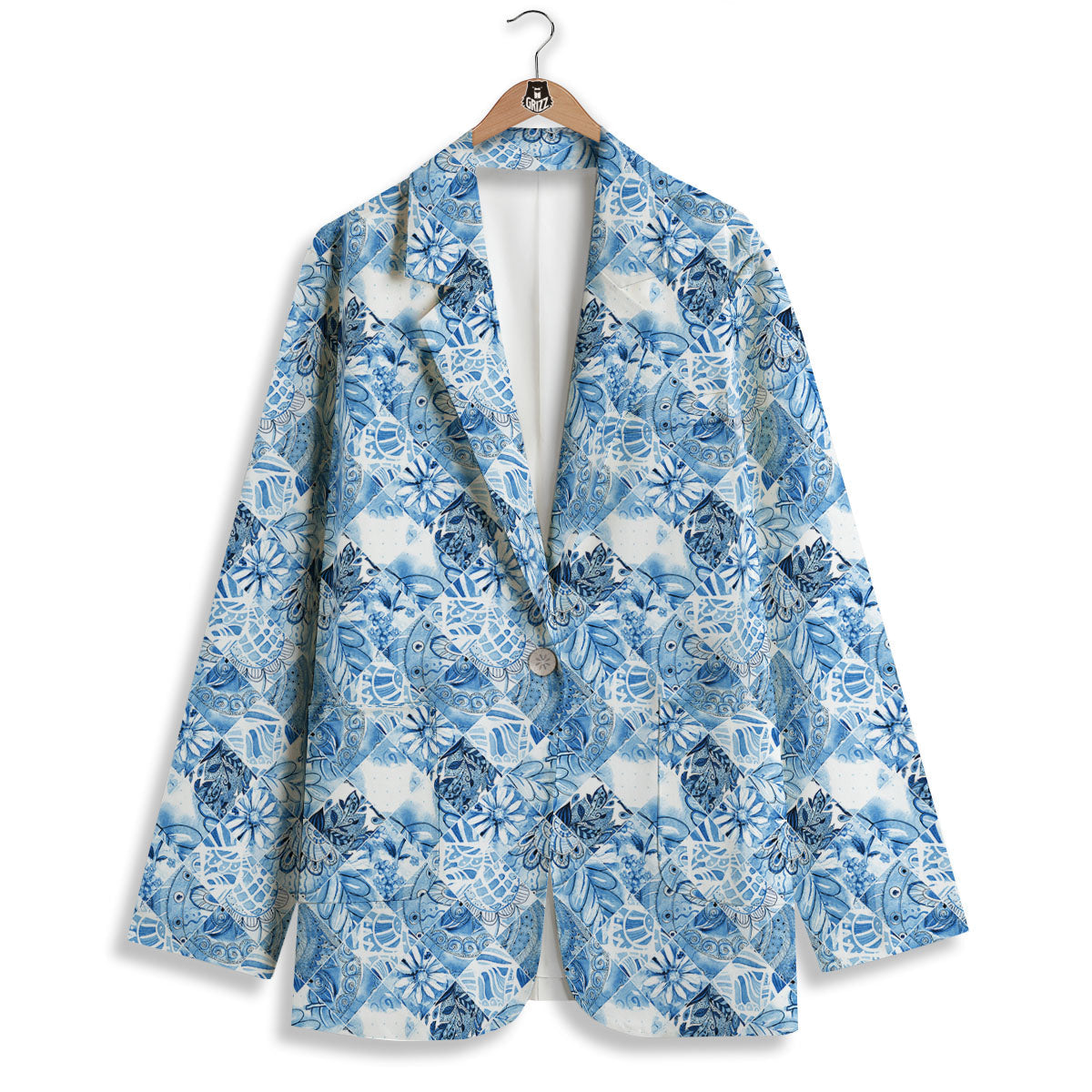 Patchwork Blue Flower Print Pattern Women's Blazer-grizzshop