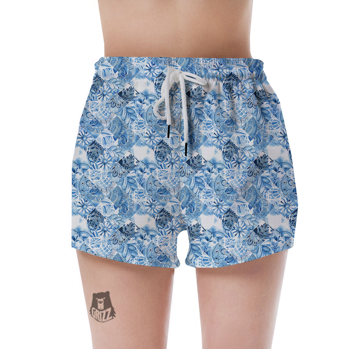 Patchwork Blue Flower Print Pattern Women's Shorts-grizzshop