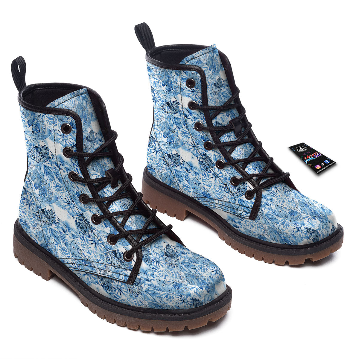 Patchwork Blue Flower Print Pattern Work Boots-grizzshop