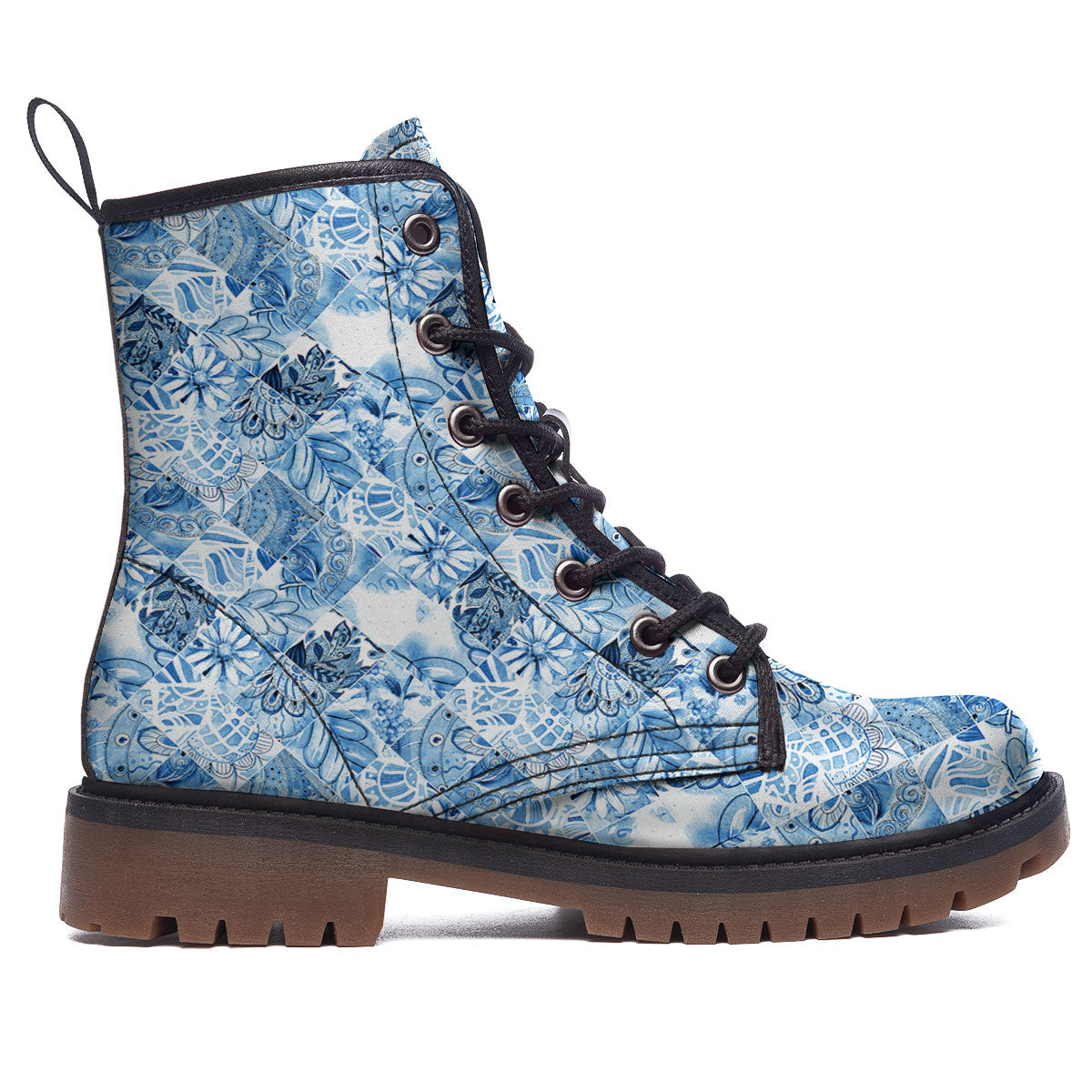 Patchwork Blue Flower Print Pattern Work Boots-grizzshop