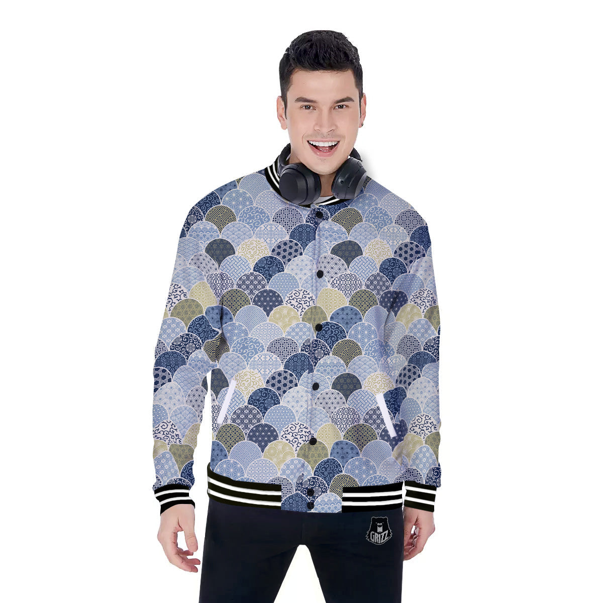 Patchwork Blue Traditional Japanese Print Pattern Baseball Jacket-grizzshop