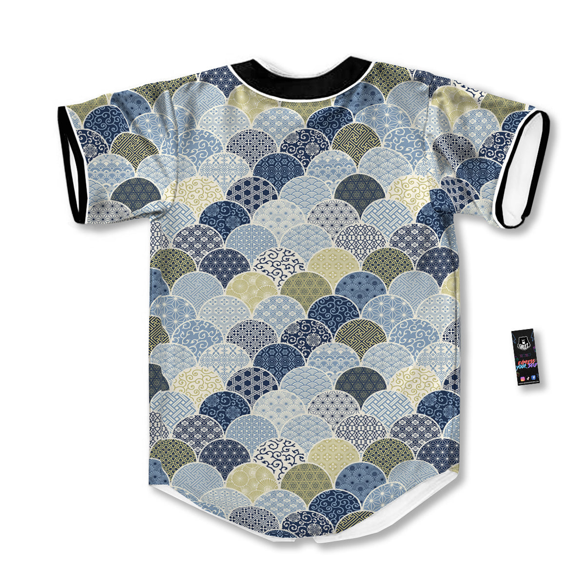Patchwork Blue Traditional Japanese Print Pattern Baseball Jersey-grizzshop