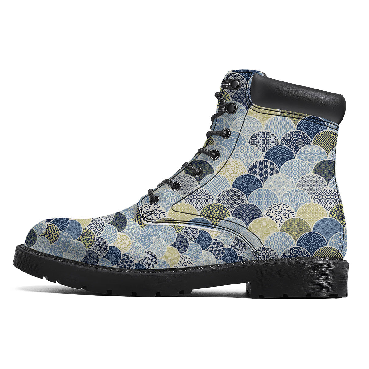 Patchwork Blue Traditional Japanese Print Pattern Boots-grizzshop