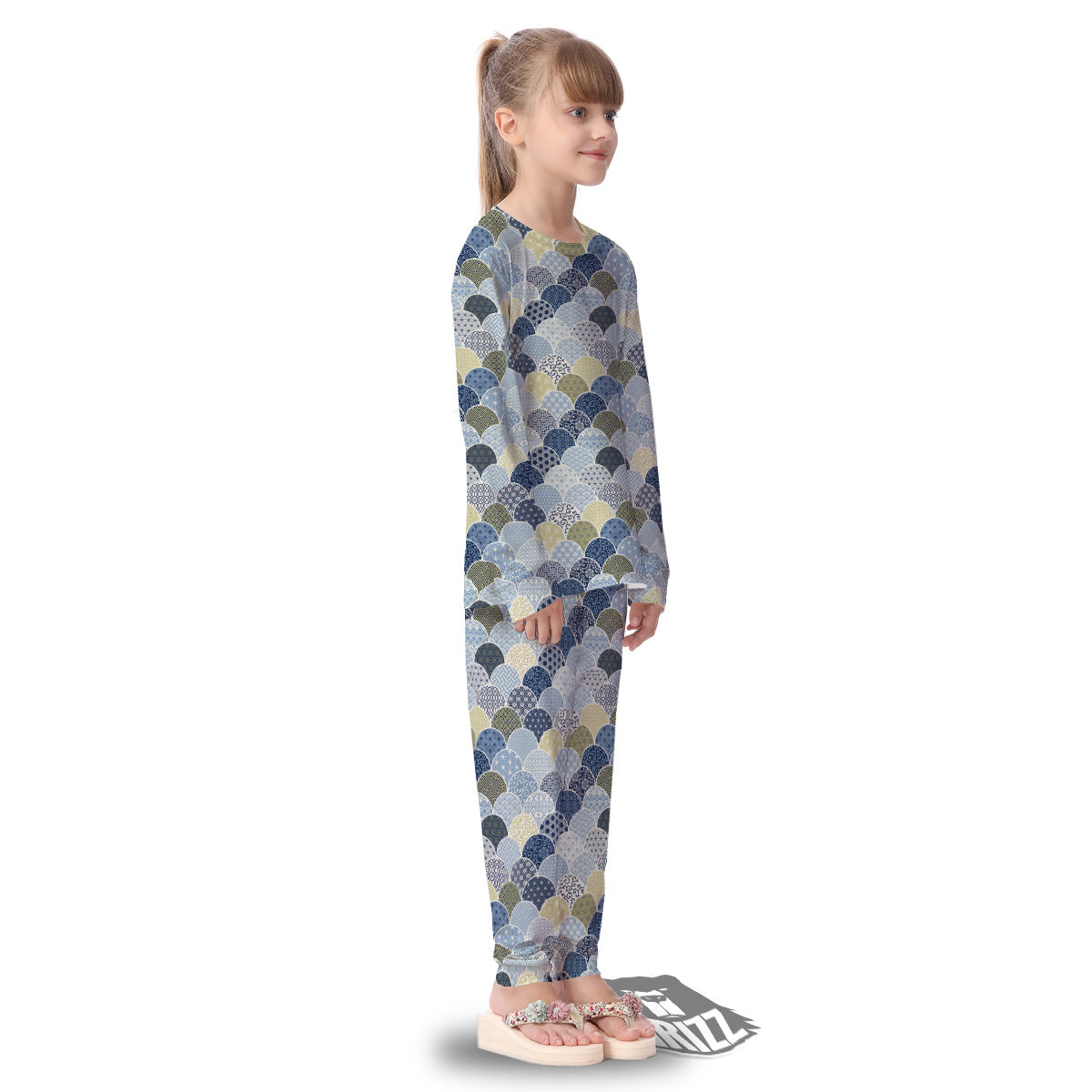 Patchwork Blue Traditional Japanese Print Pattern Kid's Pajamas-grizzshop
