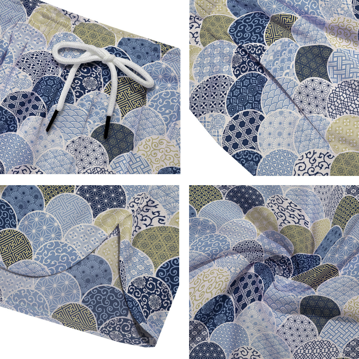 Patchwork Blue Traditional Japanese Print Pattern Men's Running Shorts-grizzshop