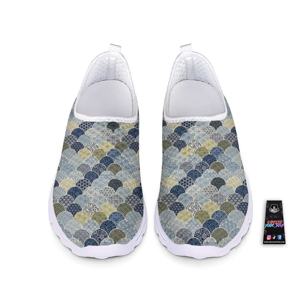 Patchwork Blue Traditional Japanese Print Pattern Nurse Shoes-grizzshop