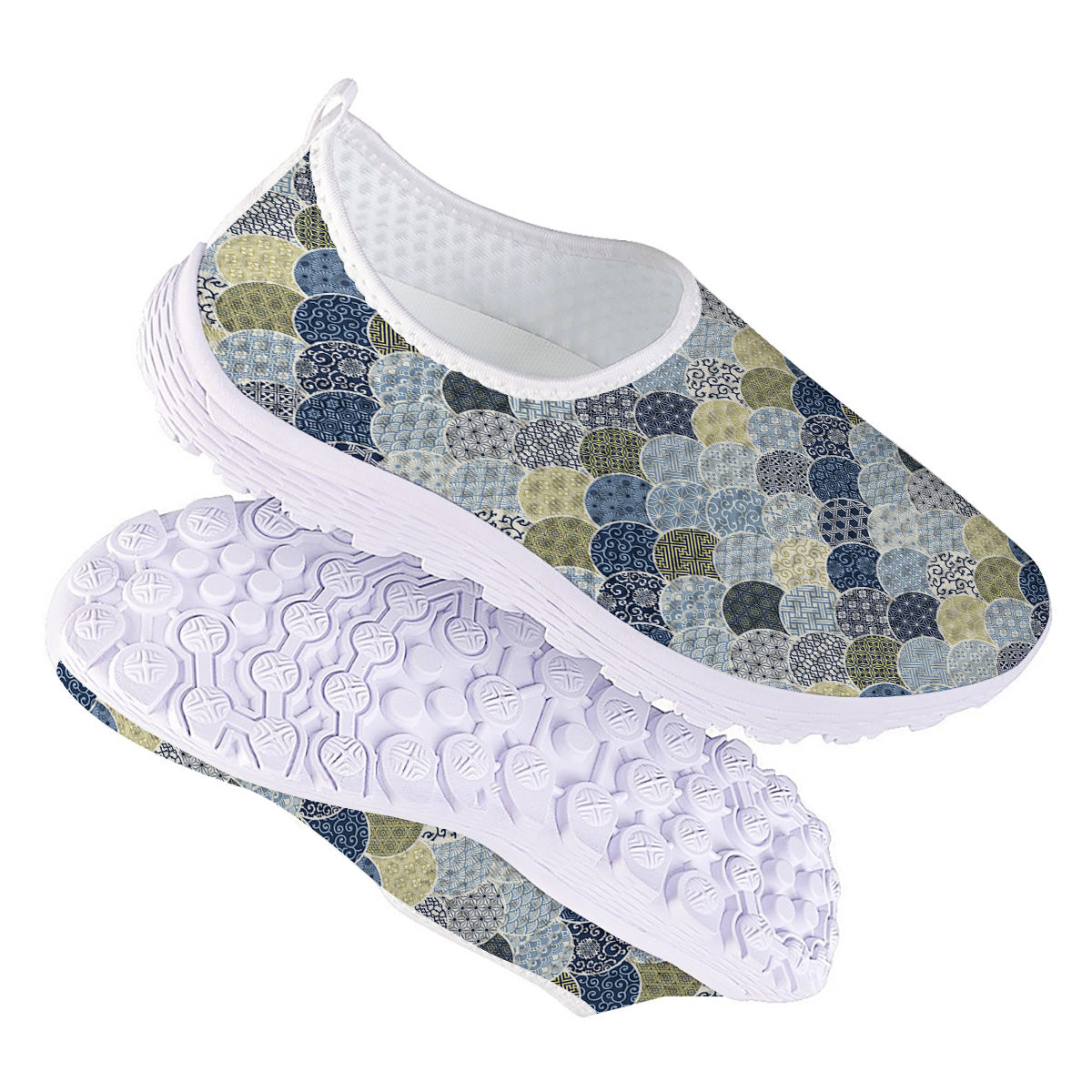 Patchwork Blue Traditional Japanese Print Pattern Nurse Shoes-grizzshop
