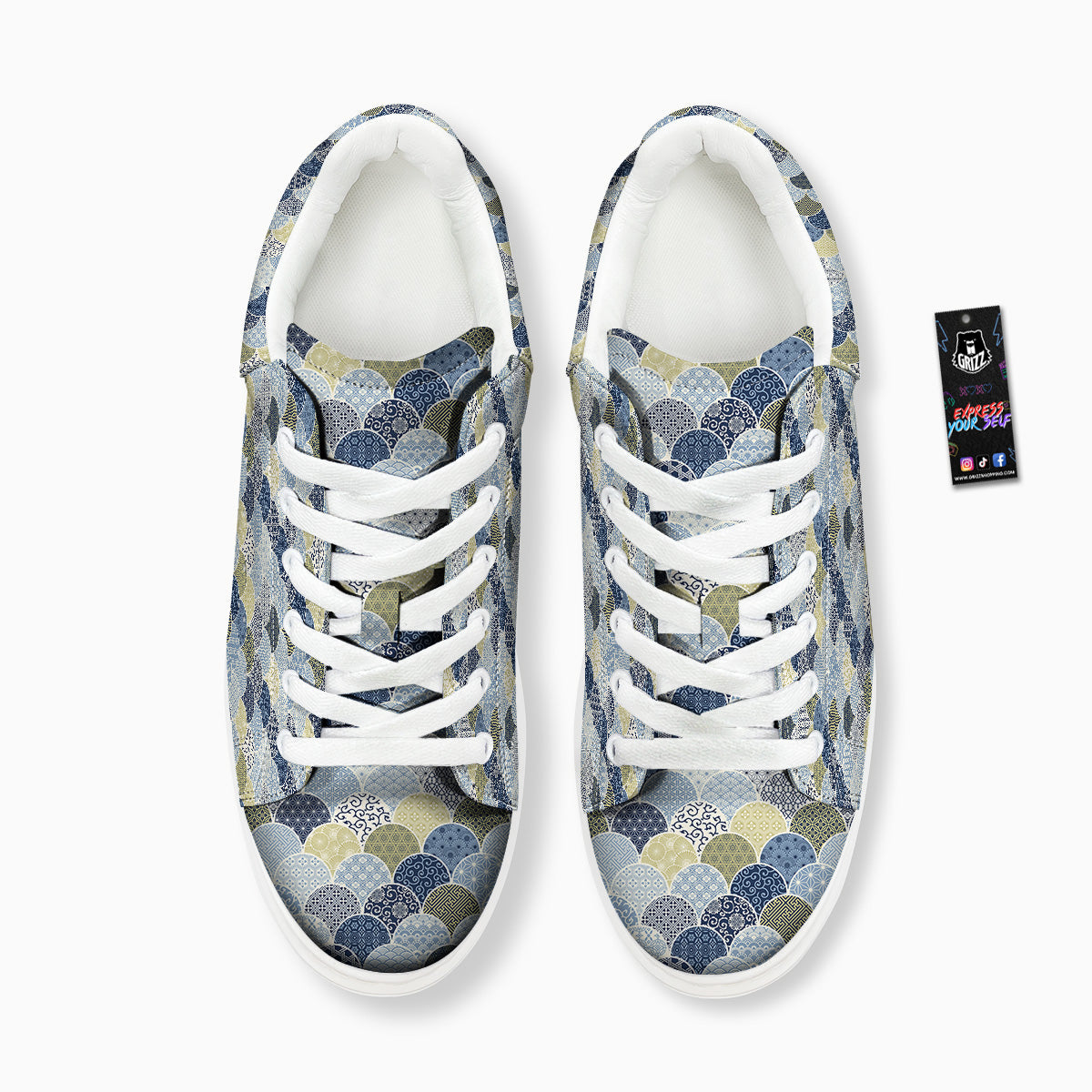 Patchwork Blue Traditional Japanese Print Pattern Platform Shoes-grizzshop