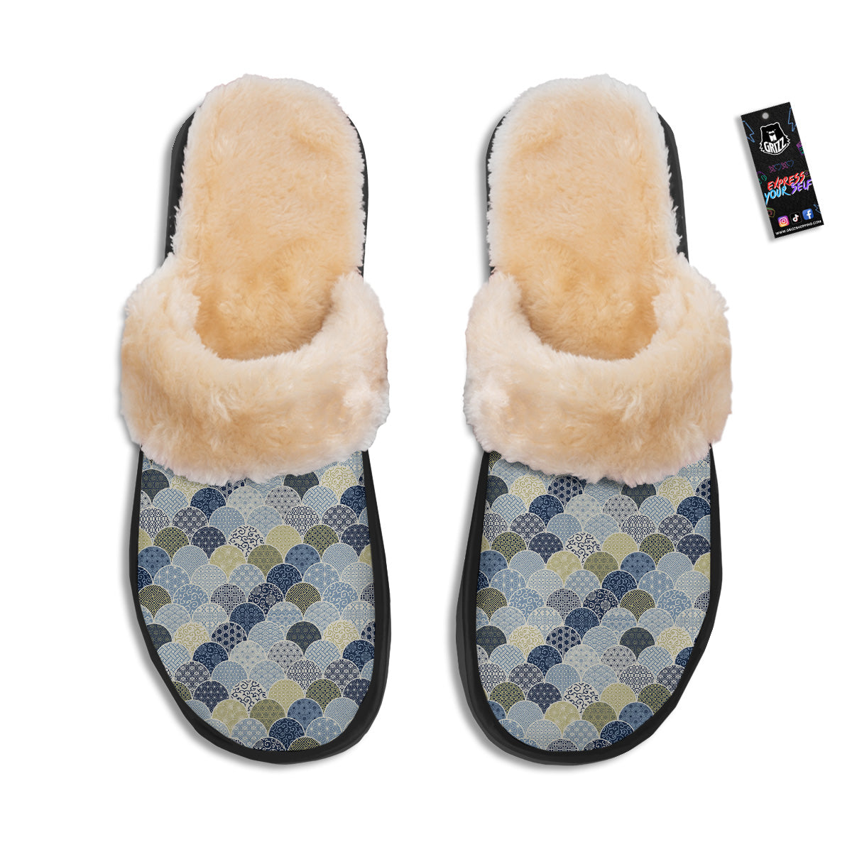 Patchwork Blue Traditional Japanese Print Pattern Slippers-grizzshop