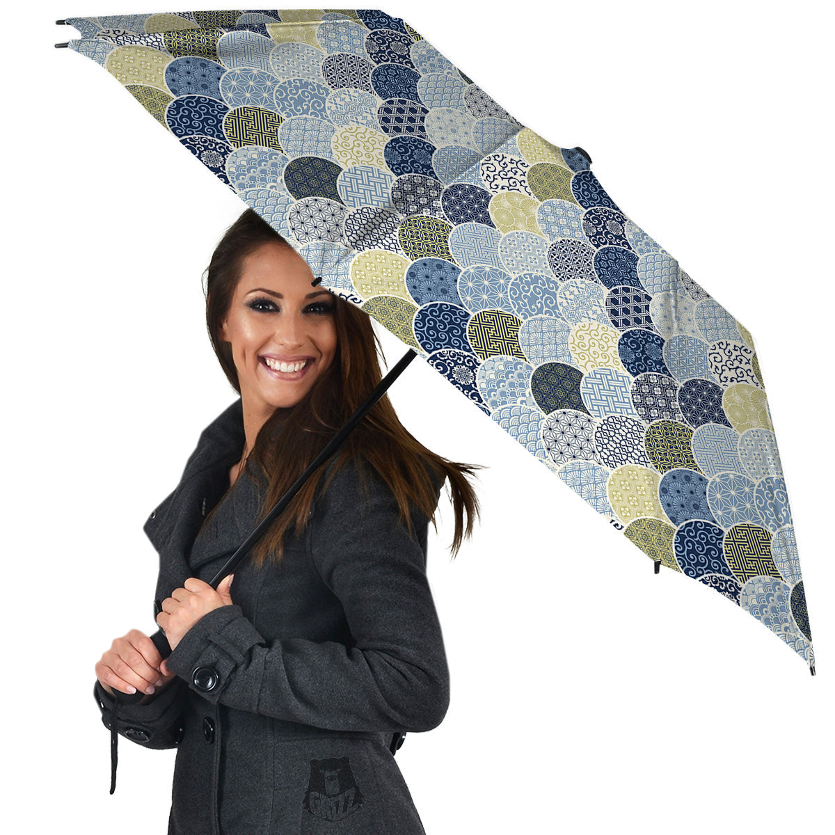 Patchwork Blue Traditional Japanese Print Pattern Umbrella-grizzshop