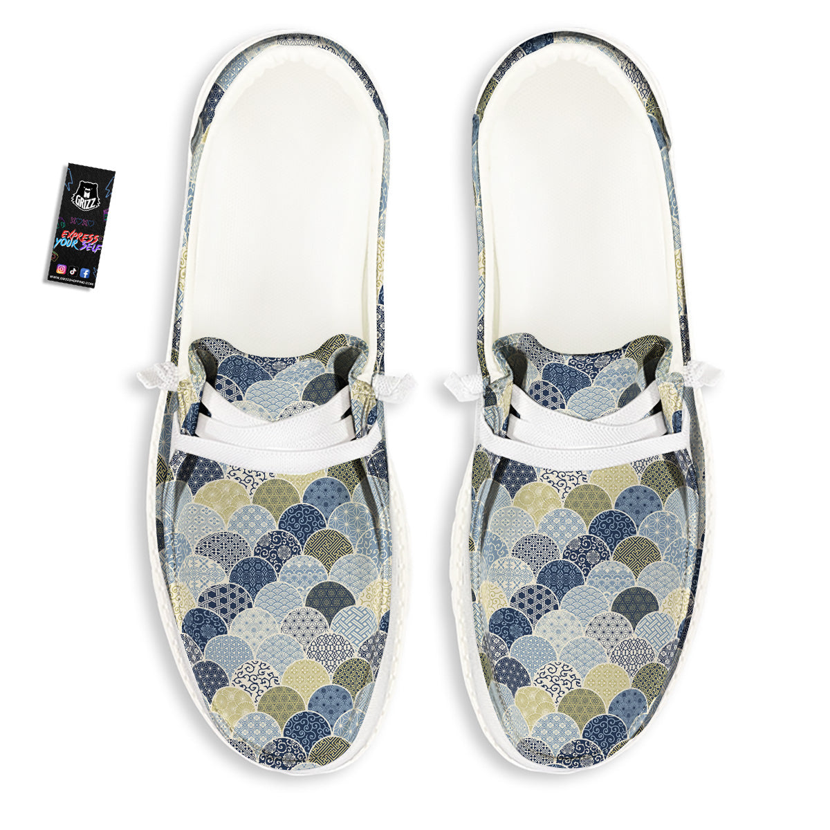 Patchwork Blue Traditional Japanese Print Pattern White Loafers-grizzshop