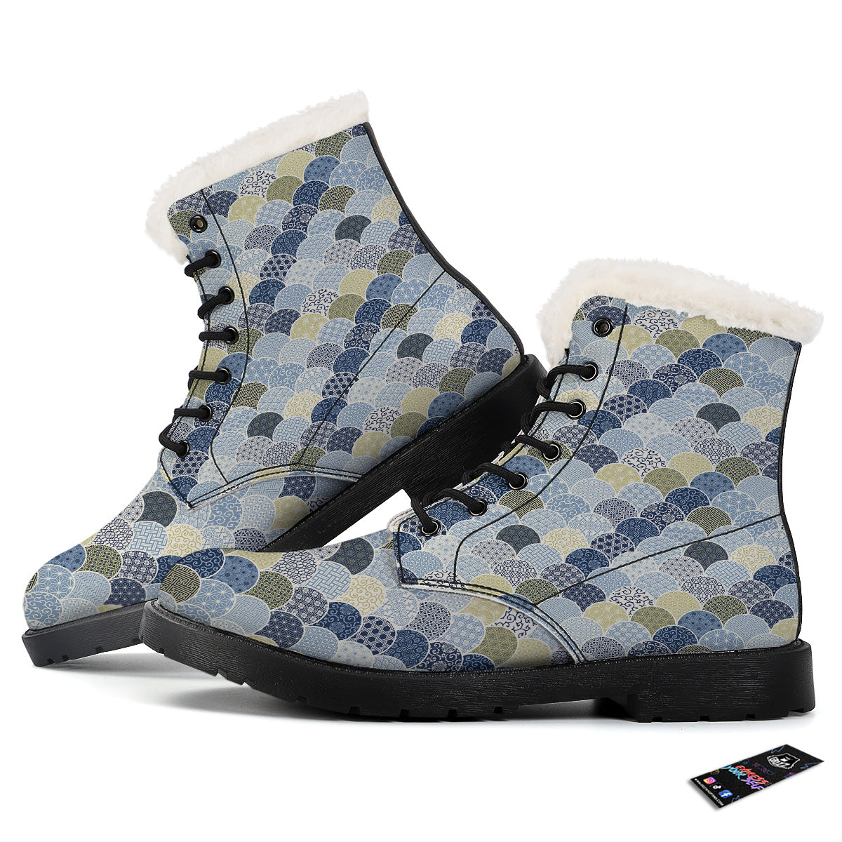 Patchwork Blue Traditional Japanese Print Pattern Winter Boots-grizzshop