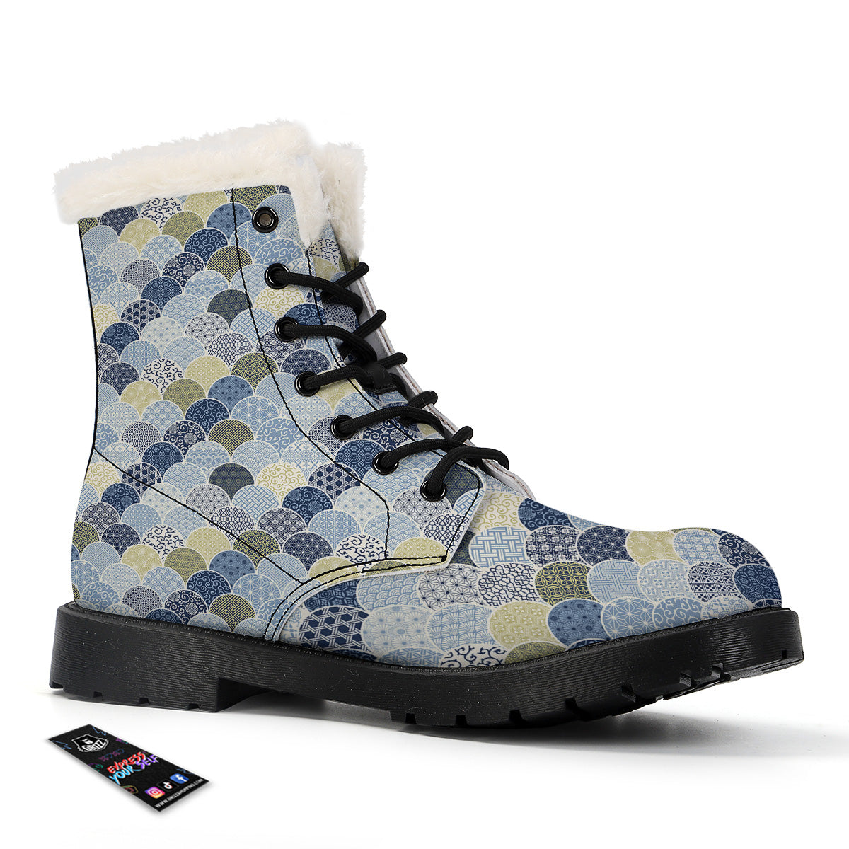 Patchwork Blue Traditional Japanese Print Pattern Winter Boots-grizzshop