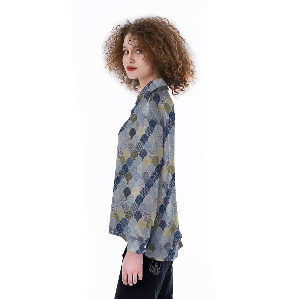 Patchwork Blue Traditional Japanese Print Pattern Women's Long Sleeve Shirts-grizzshop