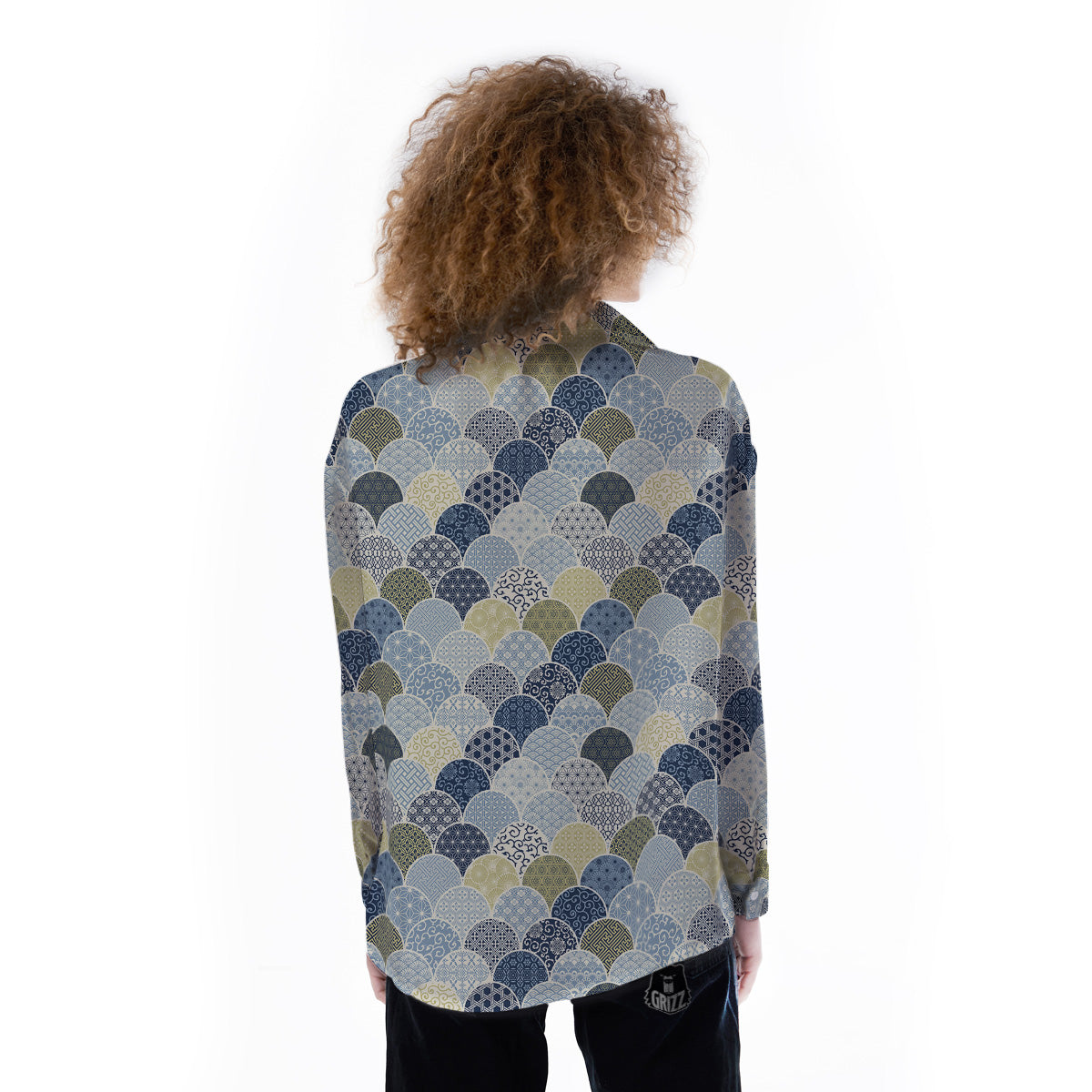 Patchwork Blue Traditional Japanese Print Pattern Women's Long Sleeve Shirts-grizzshop