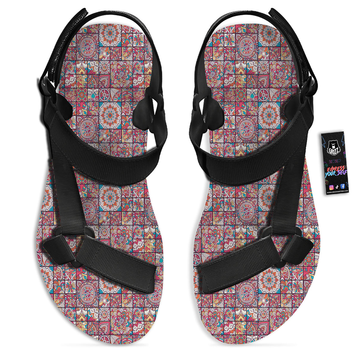 Patchwork Bohemian Print Pattern Black Open Toe Sandals-grizzshop