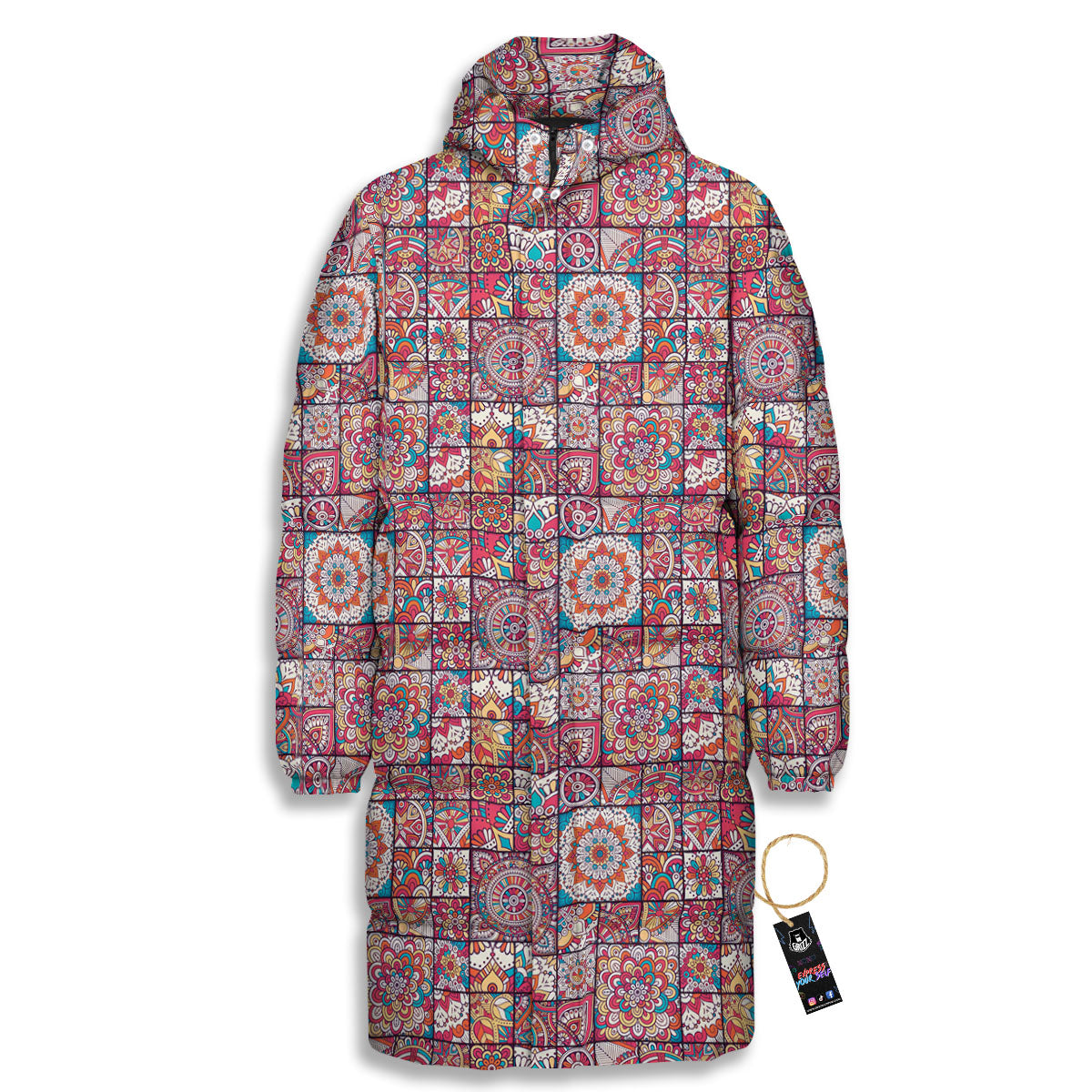 Patchwork Bohemian Print Pattern Long Down Jacket-grizzshop