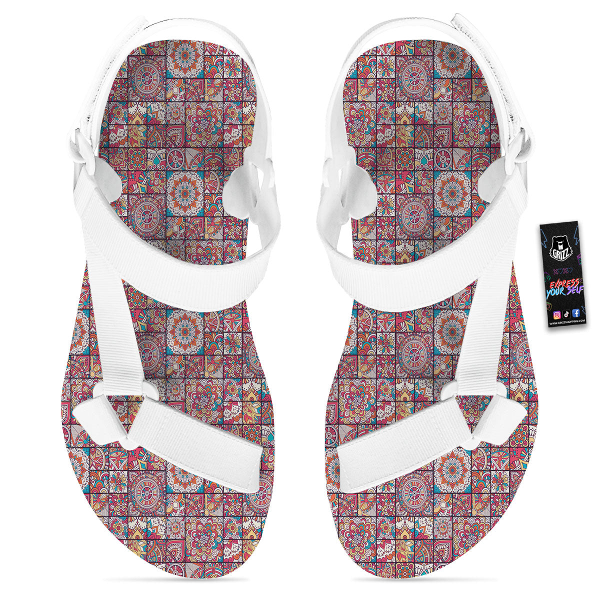 Patchwork Bohemian Print Pattern White Open Toe Sandals-grizzshop