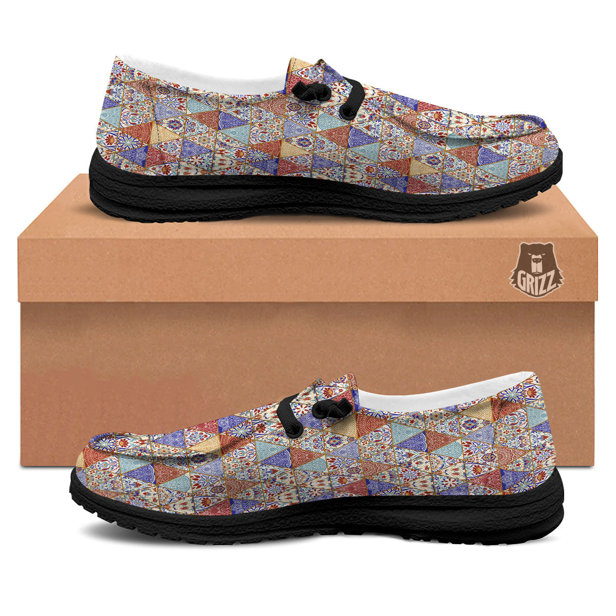 Patchwork Boho Mandala Print Pattern Black Loafers-grizzshop
