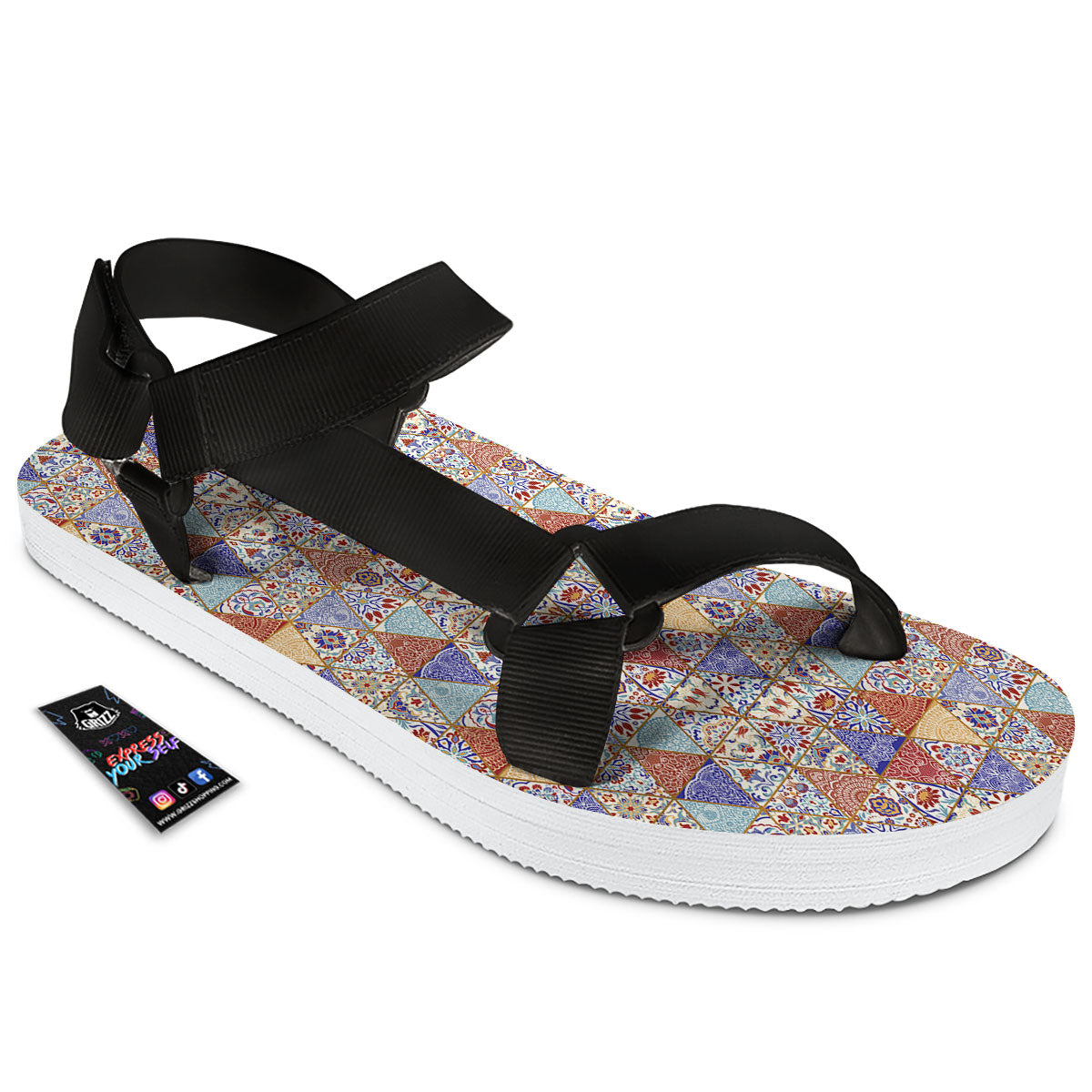 Patchwork Boho Mandala Print Pattern Black Open Toe Sandals-grizzshop