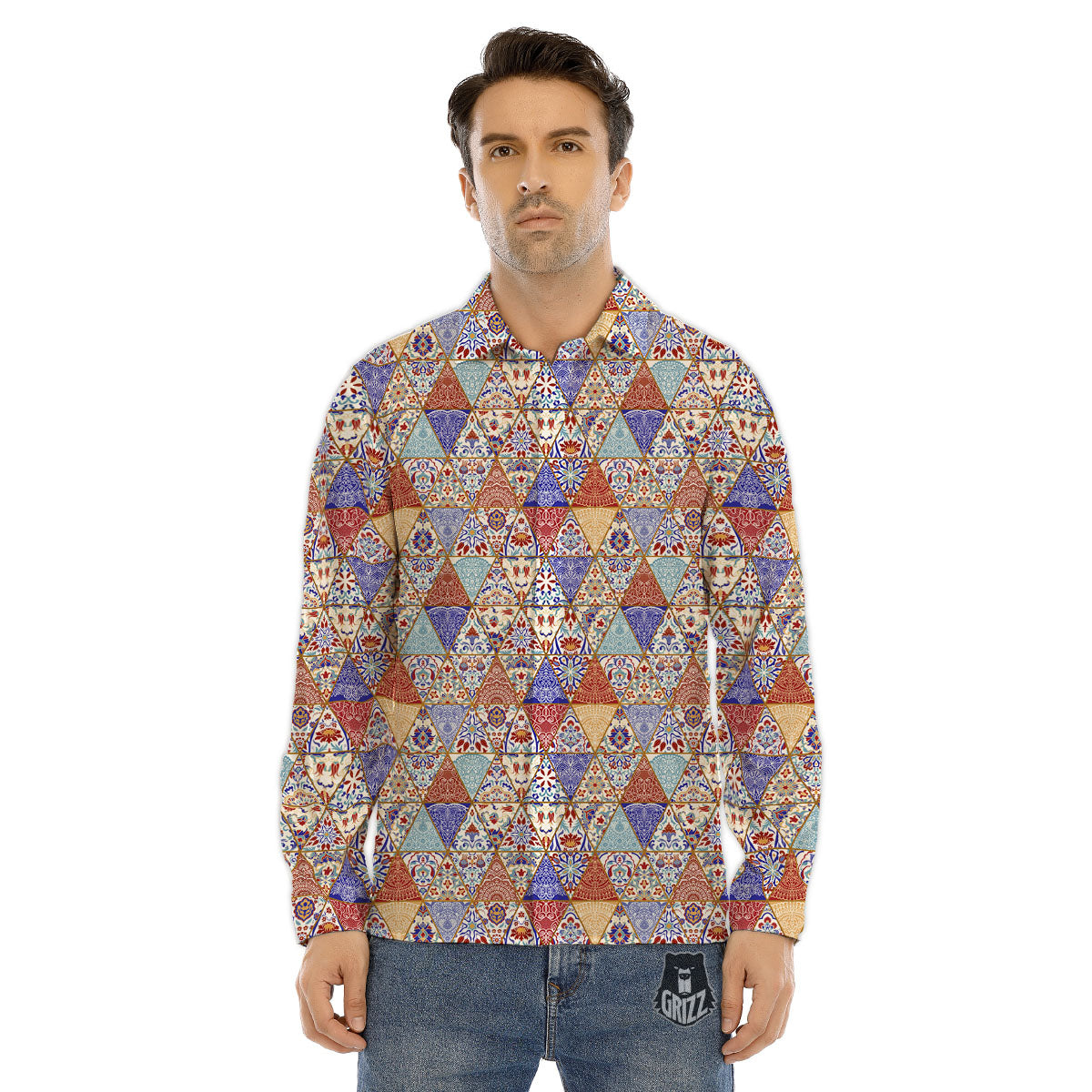 Patchwork Boho Mandala Print Pattern Men's Dress Shirts-grizzshop