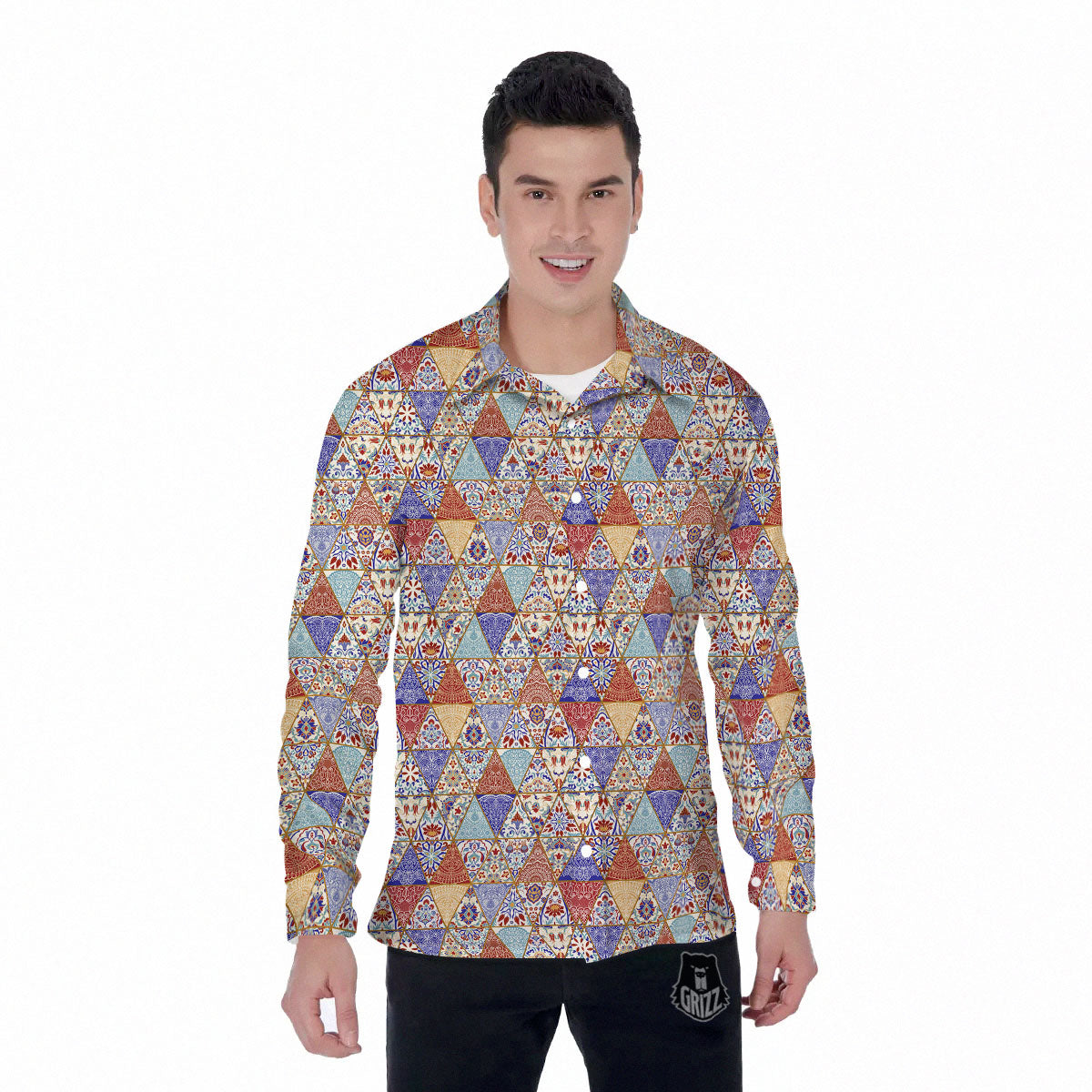 Patchwork Boho Mandala Print Pattern Men's Long Sleeve Shirts-grizzshop