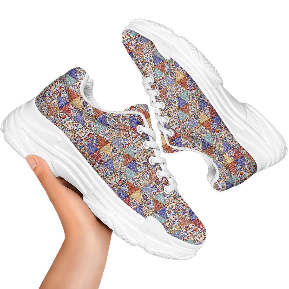 Patchwork Boho Mandala Print Pattern White Chunky Shoes-grizzshop