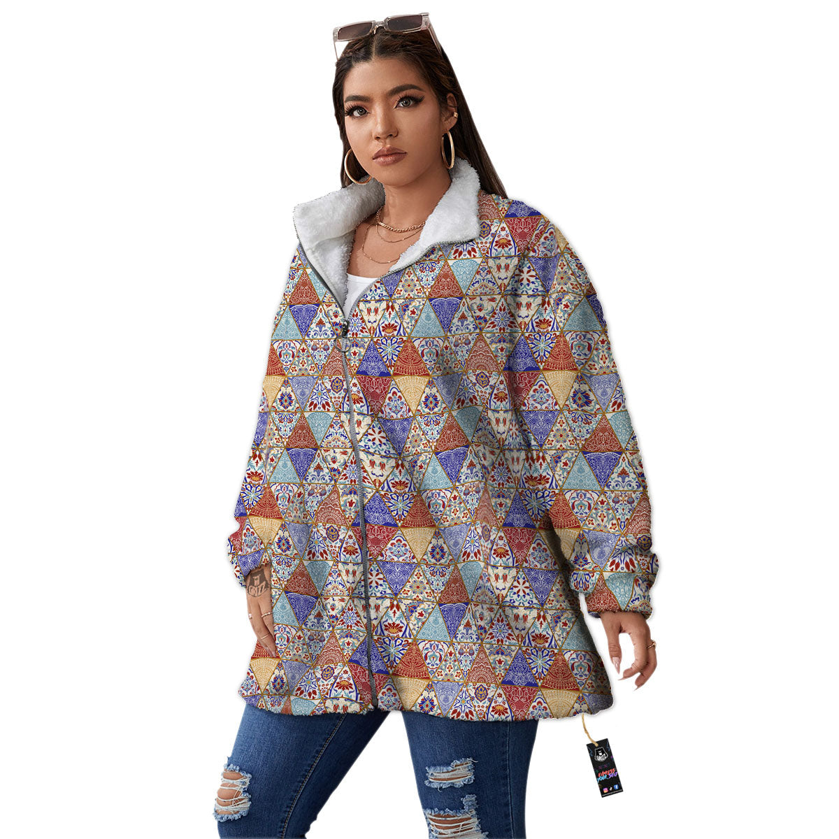 Patchwork Boho Mandala Print Pattern Women's Sherpa Jacket-grizzshop