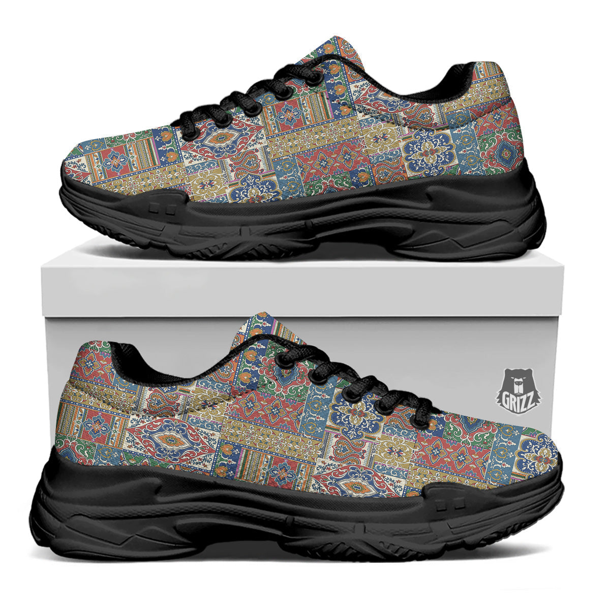Patchwork Damask Vintage Print Pattern Black Chunky Shoes-grizzshop
