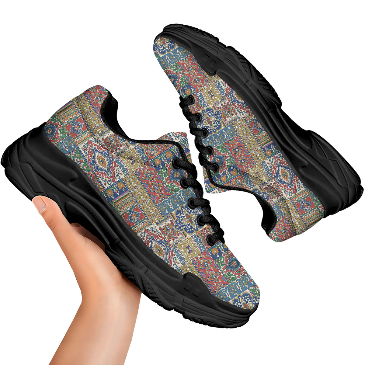 Patchwork Damask Vintage Print Pattern Black Chunky Shoes-grizzshop
