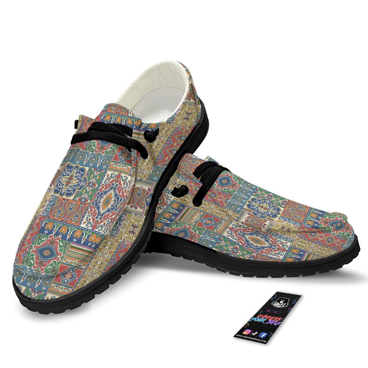 Patchwork Damask Vintage Print Pattern Black Loafers-grizzshop