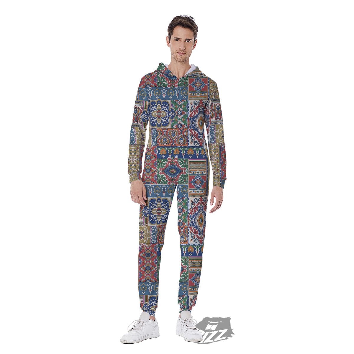 Patchwork Damask Vintage Print Pattern Men's Jumpsuit-grizzshop