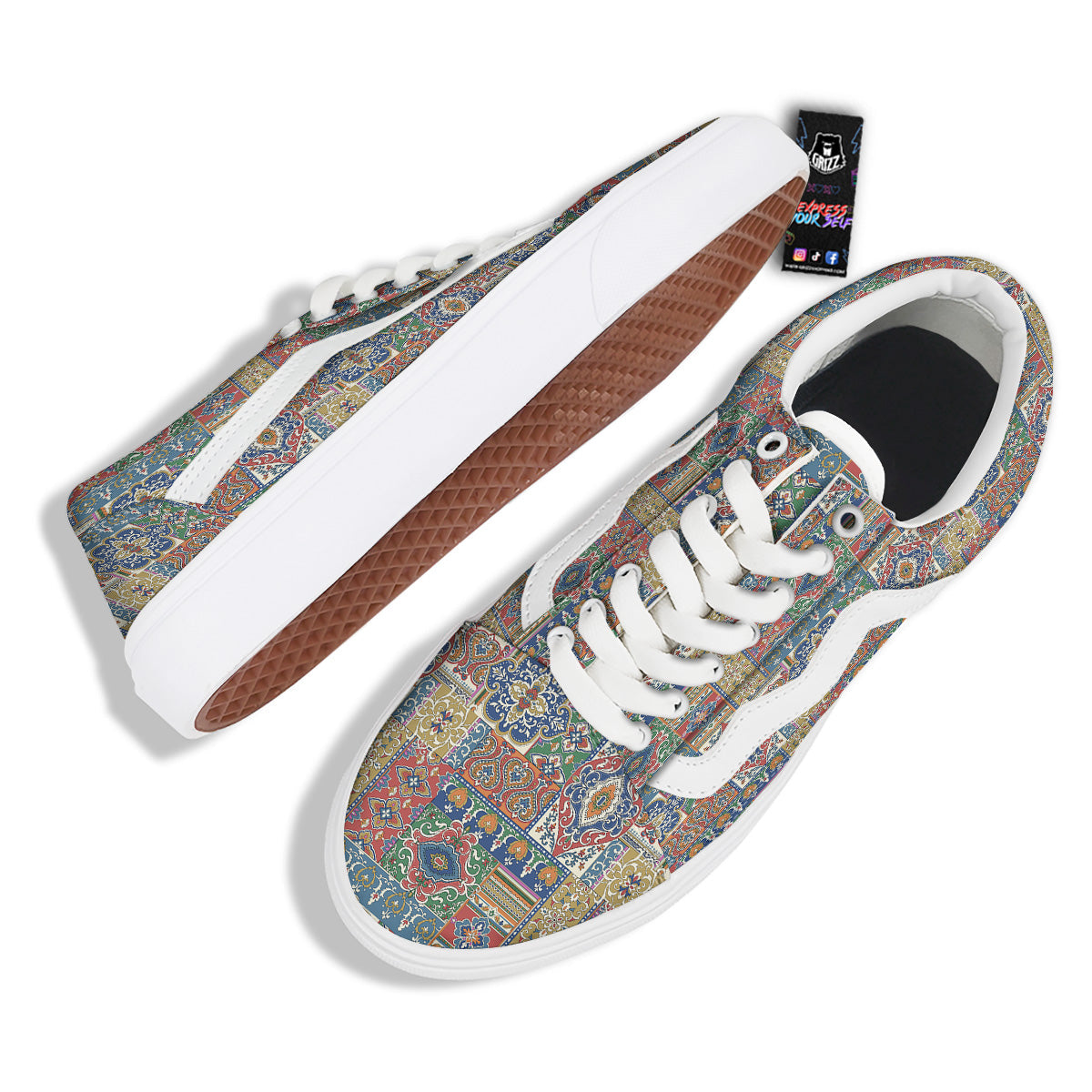Patchwork Damask Vintage Print Pattern Skate Shoes-grizzshop
