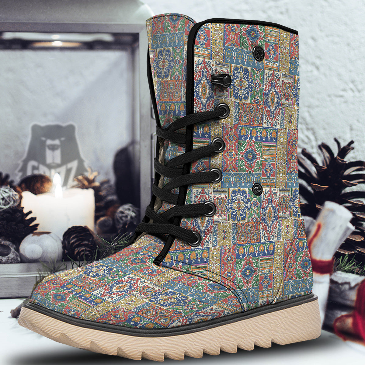 Patchwork Damask Vintage Print Pattern Snow Boots-grizzshop