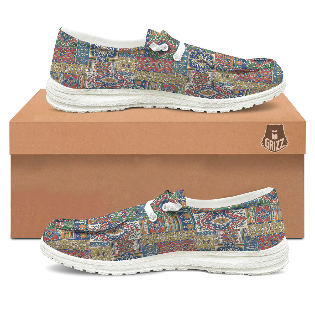 Patchwork Damask Vintage Print Pattern White Loafers-grizzshop