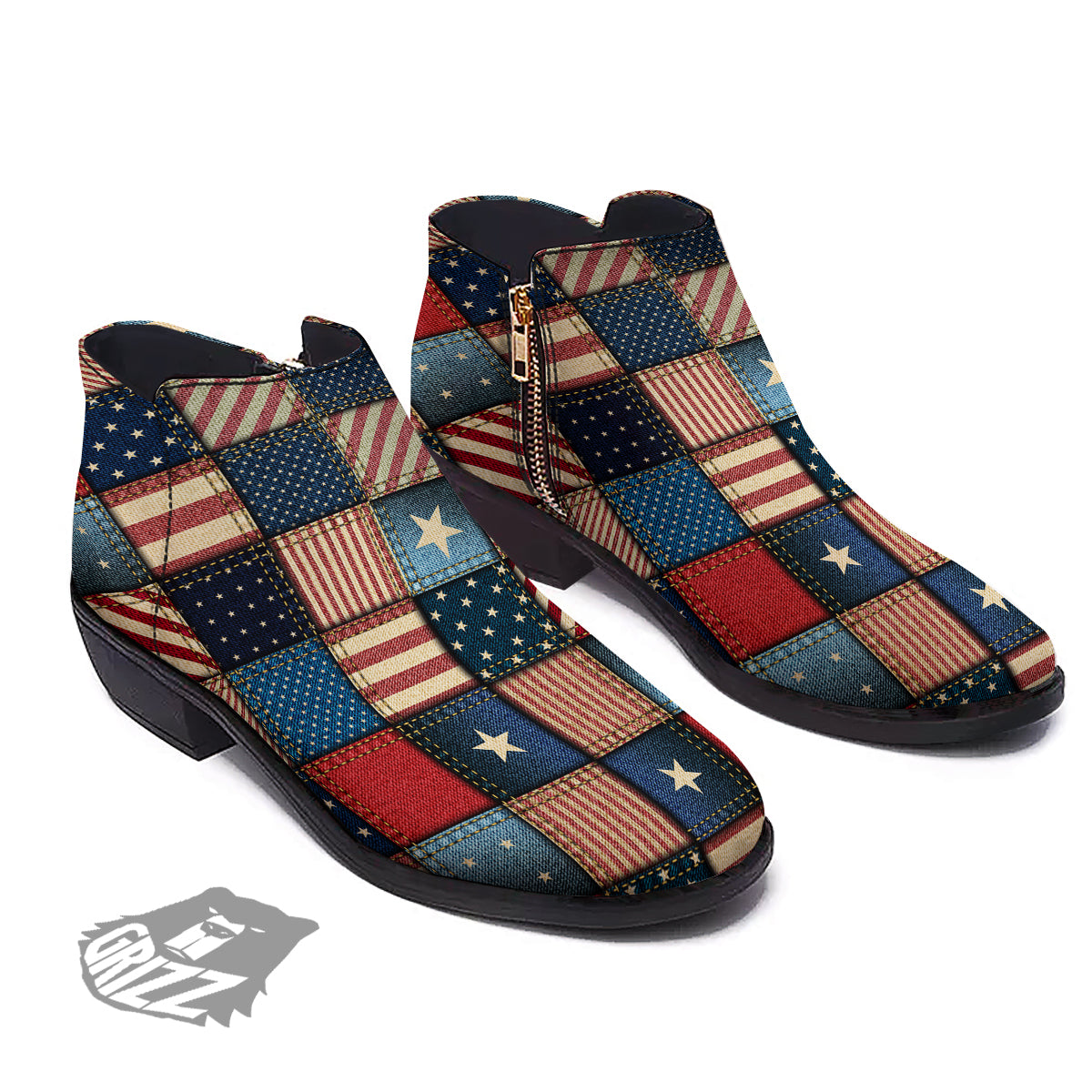 Patchwork Denim American Print Pattern Ankle Boots-grizzshop