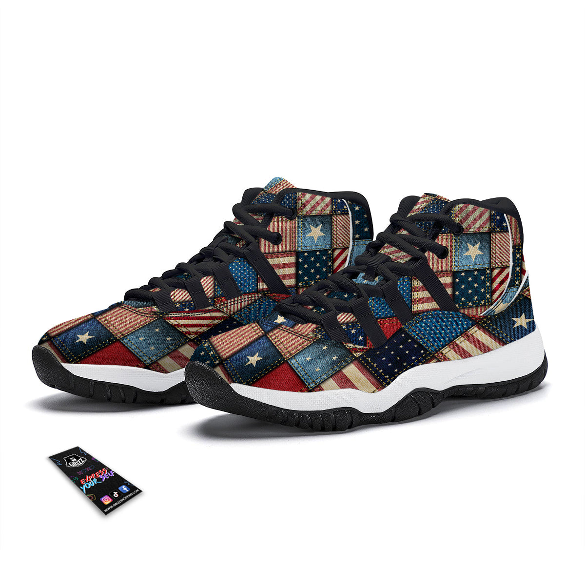 Patchwork Denim American Print Pattern Black Bball Shoes-grizzshop