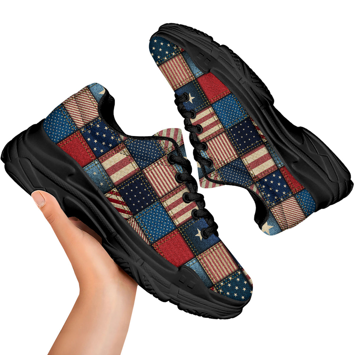 Patchwork Denim American Print Pattern Black Chunky Shoes-grizzshop