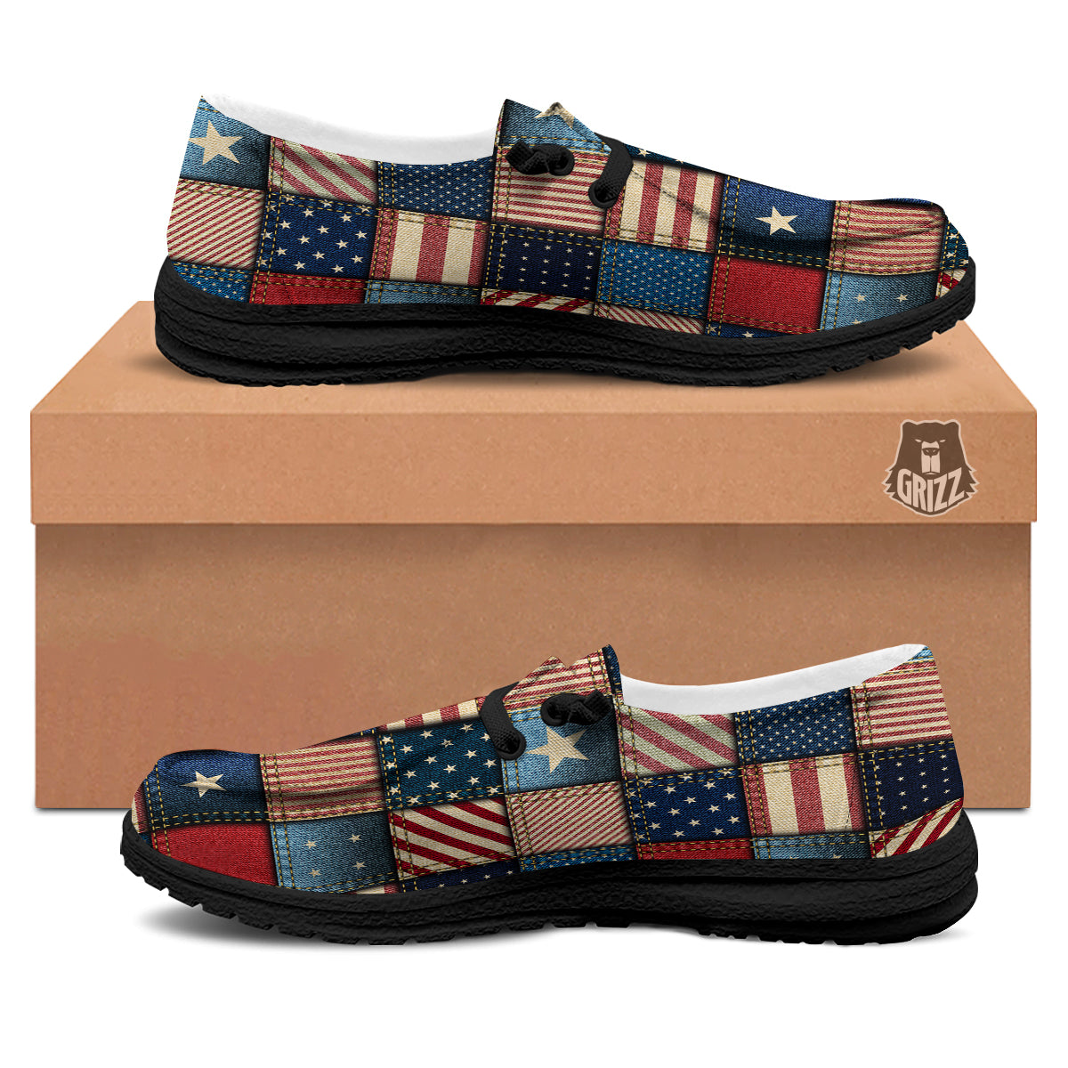 Patchwork Denim American Print Pattern Black Loafers-grizzshop