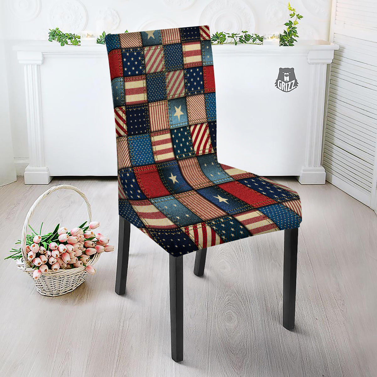 Patchwork Denim American Print Pattern Dining Chair Slipcover-grizzshop