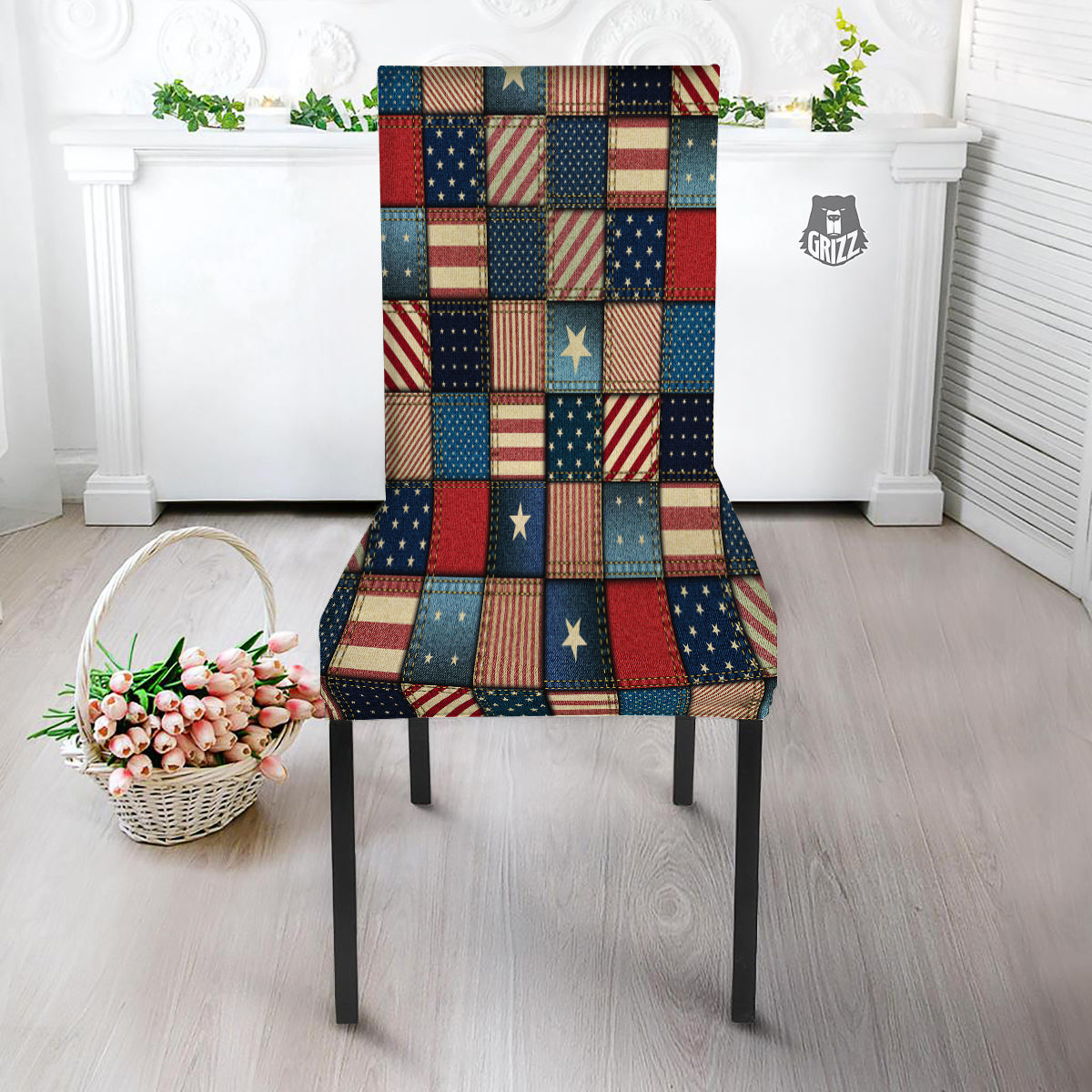 Patchwork Denim American Print Pattern Dining Chair Slipcover-grizzshop