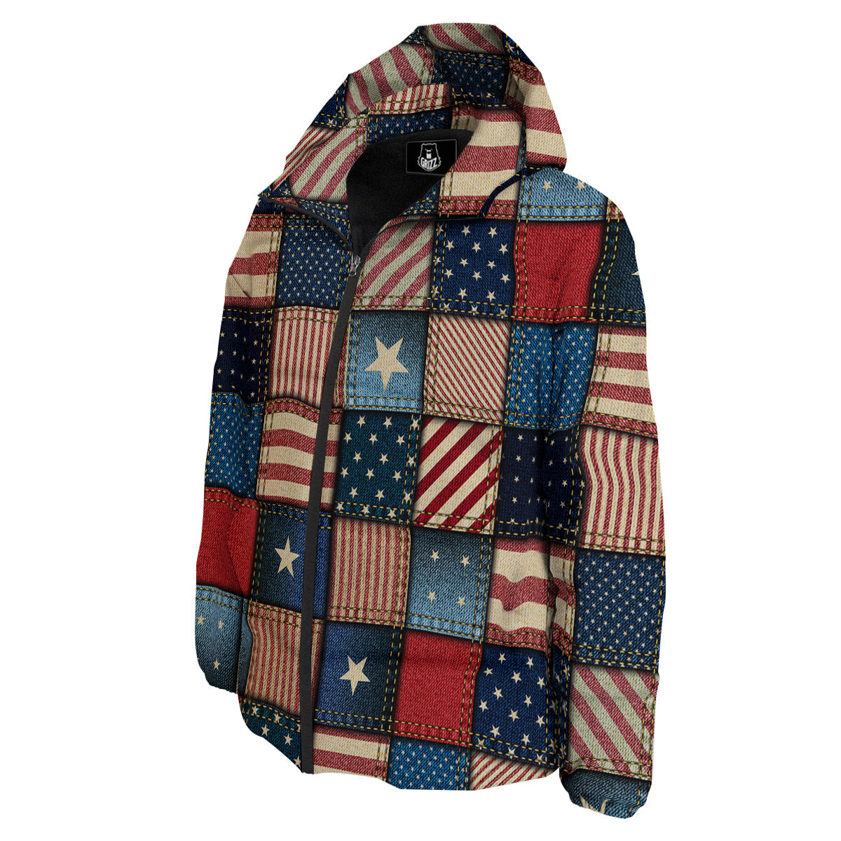 Patchwork Denim American Print Pattern Down Jacket-grizzshop