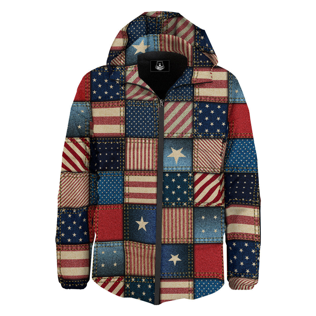 Patchwork Denim American Print Pattern Down Jacket-grizzshop