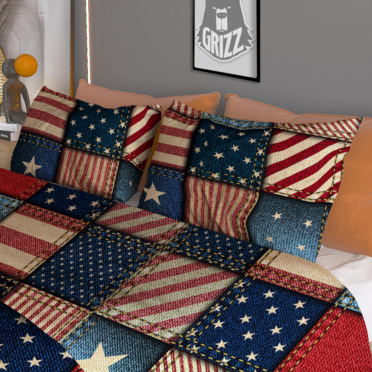 Patchwork Denim American Print Pattern Duvet Cover Bedding Set