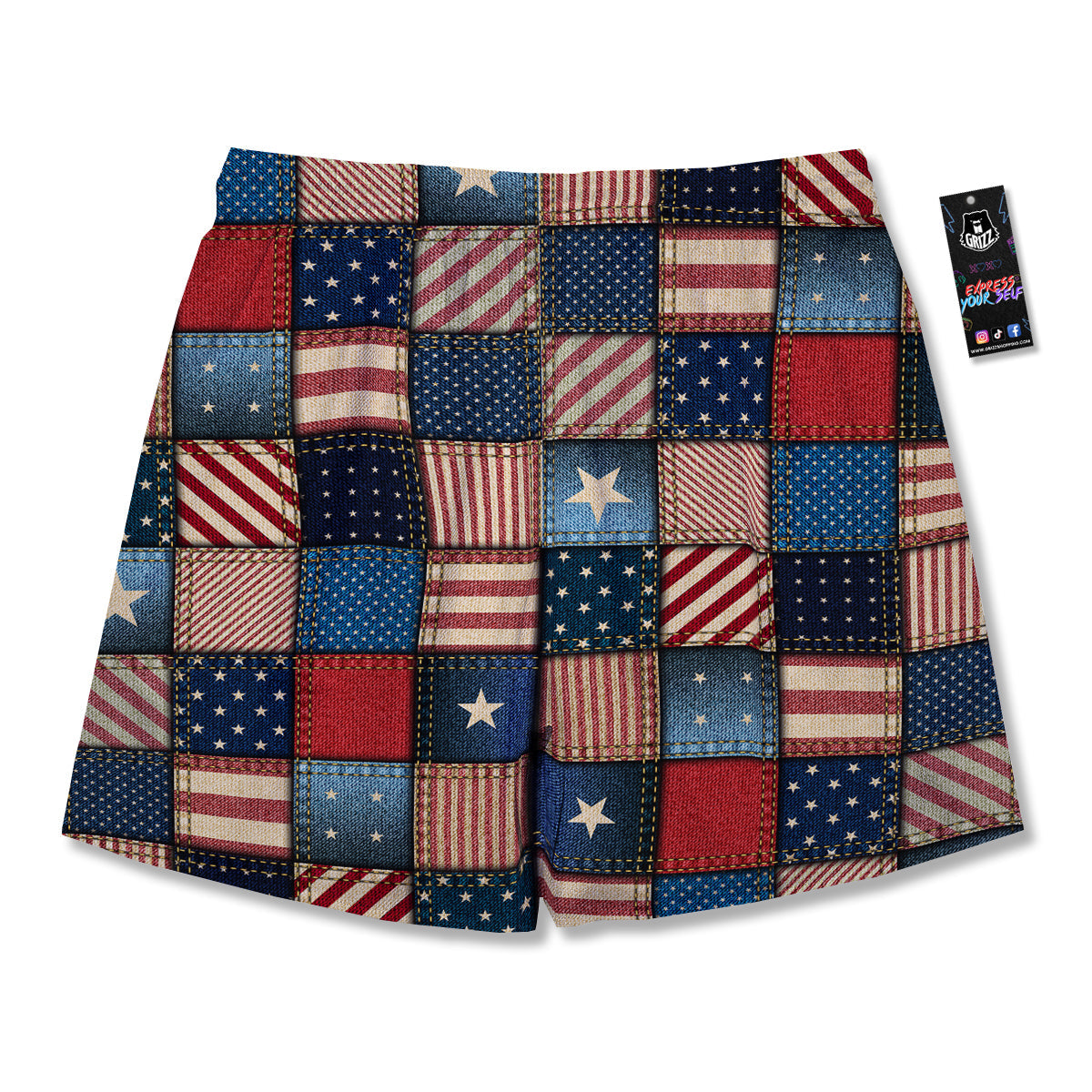 Patchwork Denim American Print Pattern Men's Running Shorts-grizzshop