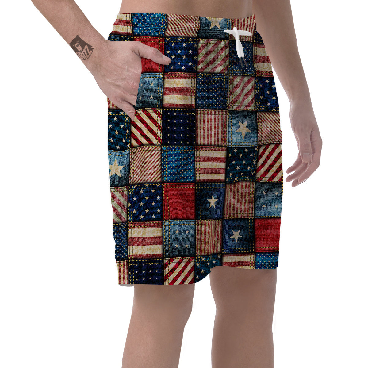 Patchwork Denim American Print Pattern Men's Shorts-grizzshop