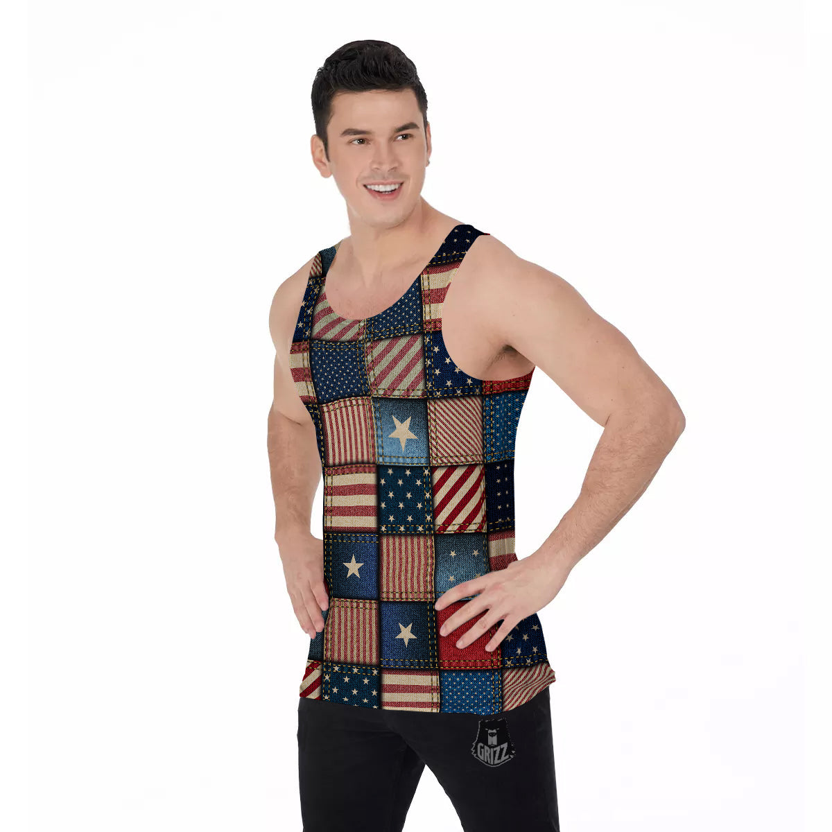 Patchwork Denim American Print Pattern Men's Tank Top-grizzshop