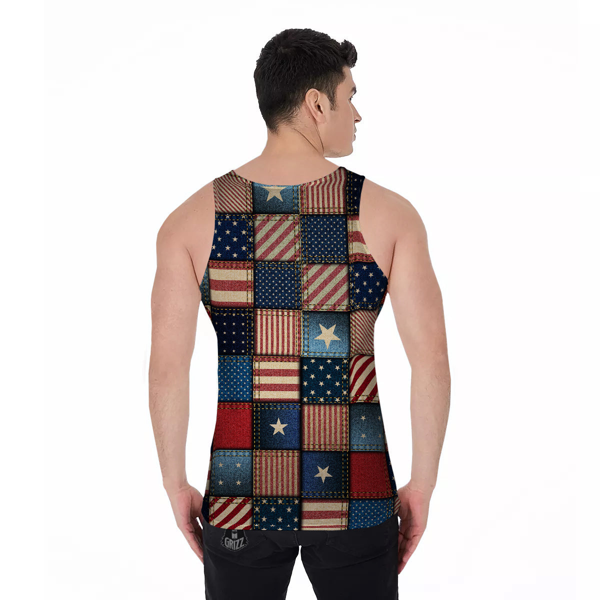 Patchwork Denim American Print Pattern Men's Tank Top-grizzshop