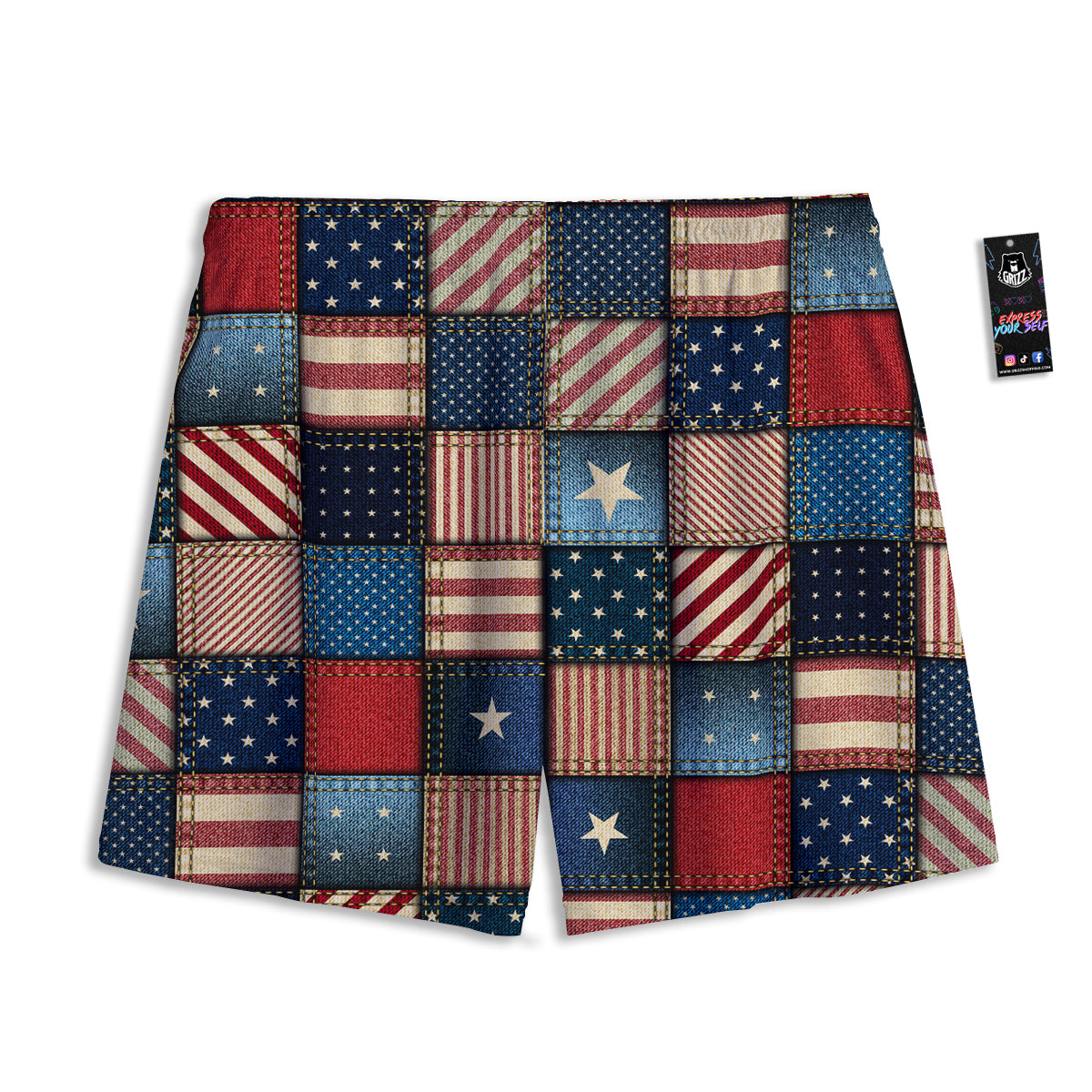 Patchwork Denim American Print Pattern Mesh Shorts-grizzshop