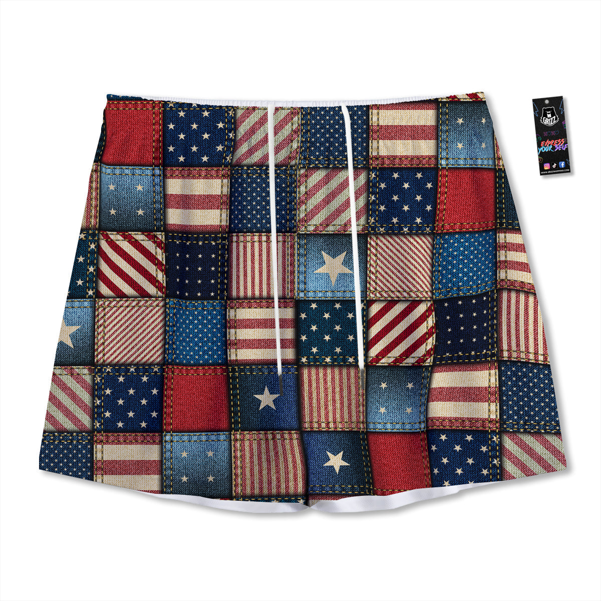 Patchwork Denim American Print Pattern Mesh Shorts-grizzshop